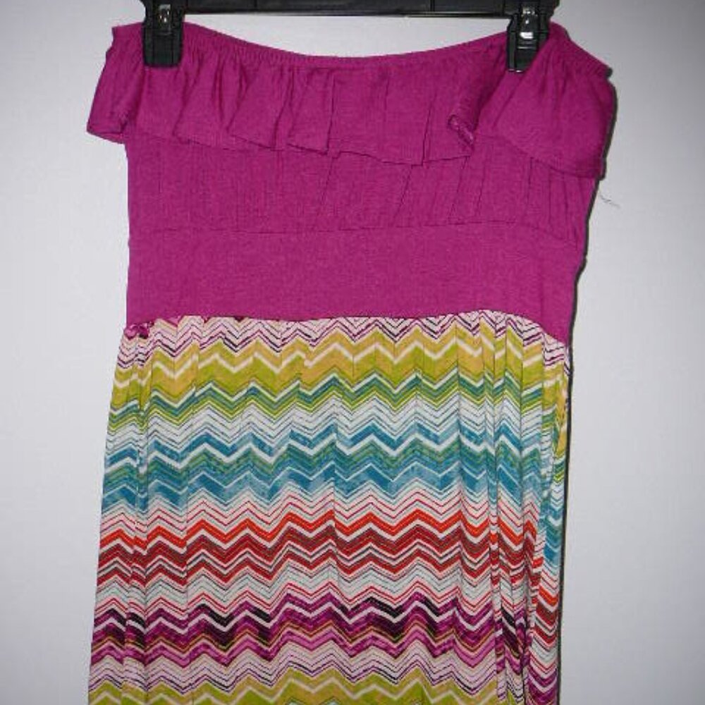 Derek Heart Tube Top Sleeveless Fuchsia Pink Dress Multicolor Stripes Size-Jr Lg